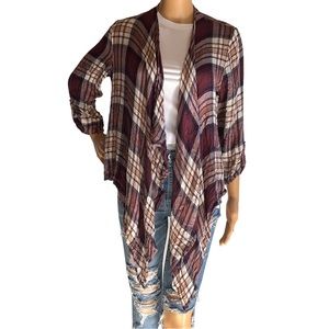 Burgundy plaid fall open front kimono cardigan